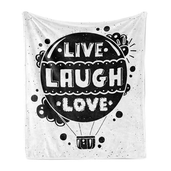 Live Laugh Love Soft Flannel Fleece Throw Blanket, Air Balloon Clouds Sun Hipster Illustration Philosophy Motto, Cozy Plush for Indoor and Outdoor Use, 50" x 70", Black and White, by Ambesonne