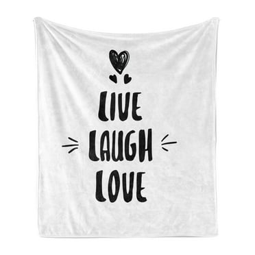 Live Laugh Love Soft Flannel Fleece Throw Blanket, Doodle Hearts Hand Drawn Style Modern Lettering Arrows Happiness, Cozy Plush for Indoor and Outdoor Use, 50" x 70", Black and White, by Ambesonne