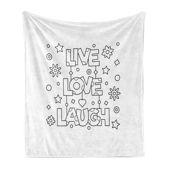 Live Laugh Love Soft Flannel Fleece Throw Blanket, Doodle Style Words with Flowers Hearts and Stars Coloring Book Design, Cozy Plush for Indoor and Outdoor Use, 50" x 70", Black White, by Ambesonne