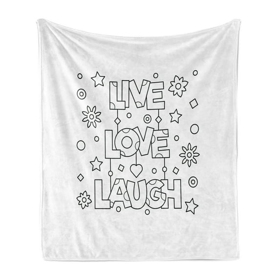 Live Laugh Love Soft Flannel Fleece Throw Blanket, Doodle Style Words with Flowers Hearts and Stars Coloring Book Design, Cozy Plush for Indoor and Outdoor Use, 70" x 90", Black White, by Ambesonne