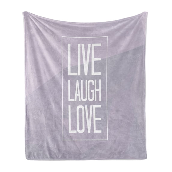 Live Laugh Love Soft Flannel Fleece Throw Blanket, Greyscale Polygonal Pattern Background with Rectangular Frame Words, Cozy Plush for Indoor and Outdoor Use, 50" x 60", Pale Grey White, by Ambesonne