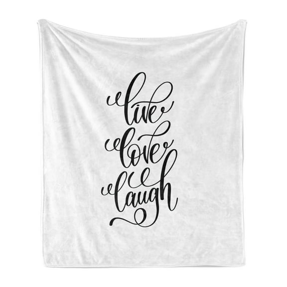 Live Laugh Love Soft Flannel Fleece Throw Blanket, Hand Lettering Style Live Laugh Love Words Monochrome Design, Cozy Plush for Indoor and Outdoor Use, 50" x 60", Black White, by Ambesonne