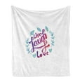 thumbnail image 1 of Live Laugh Love Soft Flannel Fleece Throw Blanket, Hand Lettering Words with Leaf Frame Illustration, Cozy Plush for Indoor and Outdoor Use, 60" x 80", Violet Red Violet Blue, by Ambesonne, 1 of 5