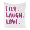 thumbnail image 1 of Live Laugh Love Soft Flannel Fleece Throw Blanket, Happy Life Message Calligraphy in Vibrant Tones Inspirational Theme, Cozy Plush for Indoor and Outdoor Use, 50" x 60", Fuchsia White, by Ambesonne, 1 of 5