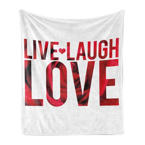 Live Laugh Love Soft Flannel Fleece Throw Blanket, Typographic Montage Words Macro Rose Petals Texture Print, Cozy Plush for Indoor and Outdoor Use, 70" x 90", Red White and Black, by Ambesonne