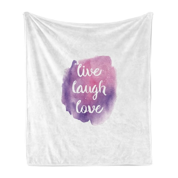 Live Laugh Love Soft Flannel Fleece Throw Blanket, Watercolor Ombre Inspired Paint Splash Background with Words, Cozy Plush for Indoor and Outdoor Use, 60" x 80", Purple Rose, by Ambesonne