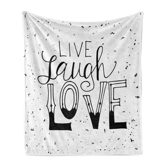 Live Laugh Love Soft Flannel Fleece Throw Blanket, Words Hand Drawn Style Typographical Design Positive Hipster, Cozy Plush for Indoor and Outdoor Use, 50" x 70", Black and White, by Ambesonne