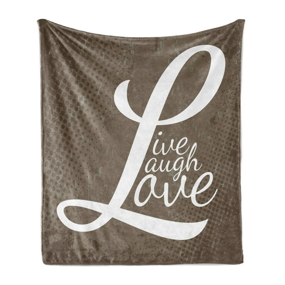 Live Laugh Love Soft Flannel Fleece Throw Blanket, Words Live Laugh Love on Halftone Worn out Style Background, Cozy Plush for Indoor and Outdoor Use, 50" x 70", Brown White Pale Brown, by Ambesonne