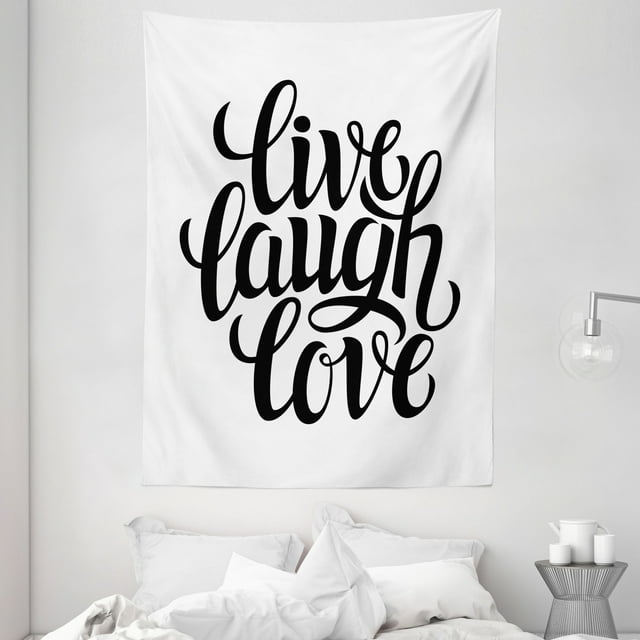 Live Laugh Love Tapestry, Simplistic Inspiration Quote Minimalist Featured Typography Design, Wall Hanging for Bedroom Living Room Dorm Decor, 60W X 80L Inches, Black and White, by Ambesonne
