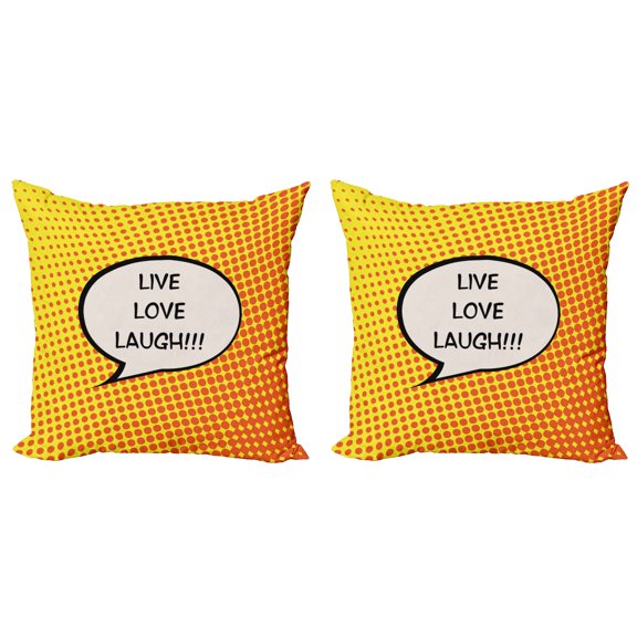 Ambesonne Live Laugh Love Throw Pillow Cover 2 Pack, Speech Bubble, 18", Orange Yellow Black