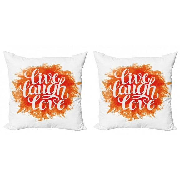 Ambesonne Live Laugh Love Throw Pillow Cover 2 Pack, Cheerful Phrase, 16", Orange White