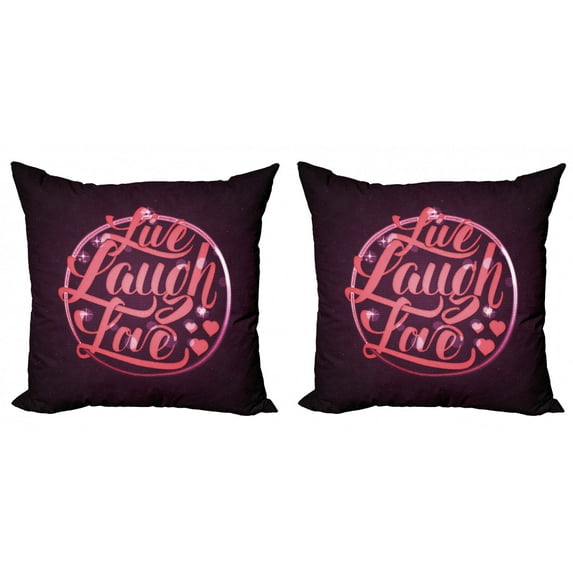 Ambesonne Live Laugh Love Throw Pillow Cover 2 Pack, Bokeh Hearts, 18", Salmon Dark Purple Red