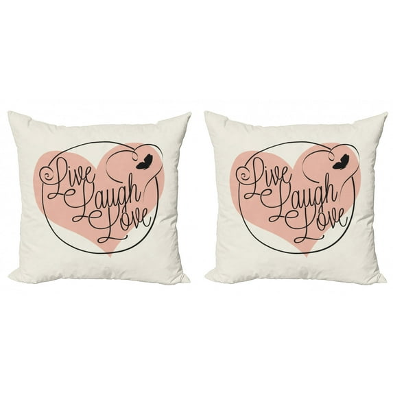 Ambesonne Live Laugh Love Throw Pillow Cover 2 Pack, Heart Butterfly, 24", Pale Pink Black White