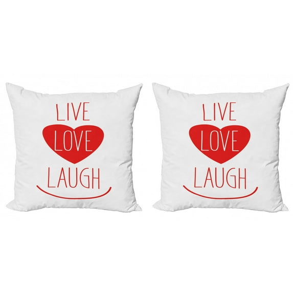 Ambesonne Live Laugh Love Throw Pillow Cover 2 Pack, Heart Smile, 24", Red White