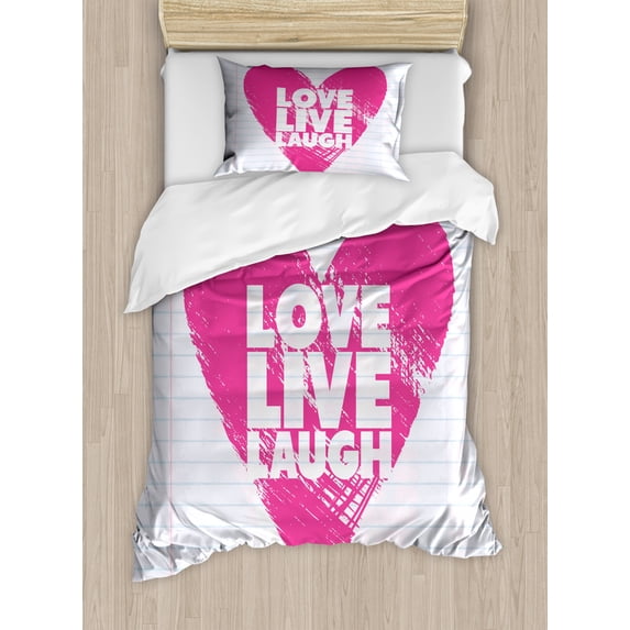 Live Laugh Love Twin Size Duvet Cover Set, Notebook Style Backdrop with a Giant Heart and a Motivational Phrase, Decorative 2 Piece Bedding Set with 1 Pillow Sham, Hot Pink White, by Ambesonne