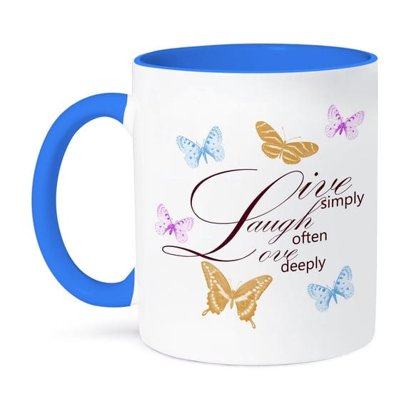 3dRose, Live, Laugh, Love with Pretty Butterflies, 15oz Two-Tone Blue Mug