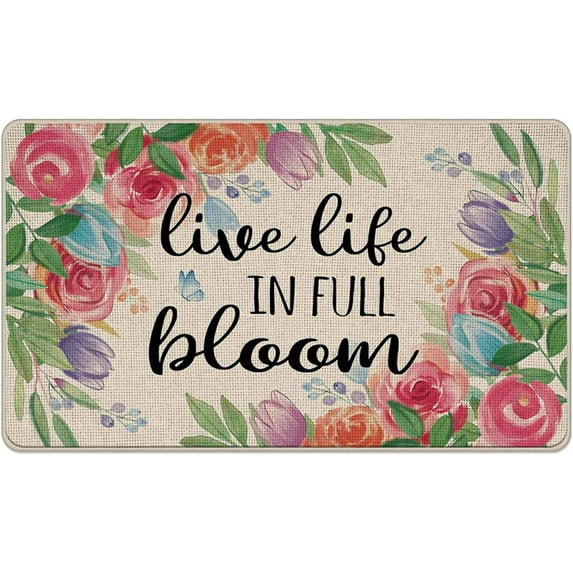 Live Life in Full Bloom Decorative Front Door Mat, Spring Summer Colorful Floral Flower Doormat Indoor Outdoor Non-Slip Entryway Rug, Watercolor Rose Tulip Home Kitchen Decoration 17x30 Inch