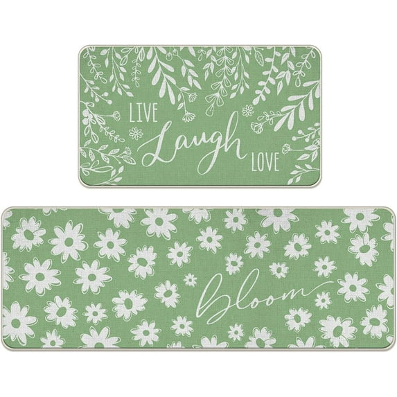 Live Life Laugh Green Kitchen Rugs Set of 2, Spring Summer Bloom Daisy Flower Leaves Kitchen Mats Decor, Floral Seasonal Floor Door Mat Home Decorations -17x29 and 17x47 Inch