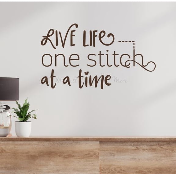 Live Life One Stitch at a Time Vinyl Wall Decal – Inspirational Craft Room & Sewing Room Quote Sticker – Removable Matte Home Decor, 23x13-Inch, Chocolate Brown
