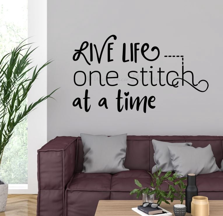 Live Life One Stitch at a Time Vinyl Wall Decal – Inspirational Craft Room & Sewing Room Quote Sticker – Removable Matte Home Decor, 36x20-Inch, Black