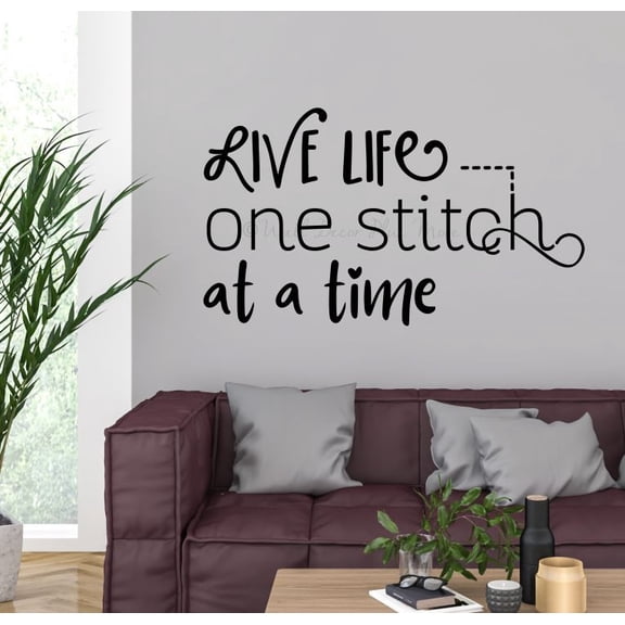 Live Life One Stitch at a Time Vinyl Wall Decal – Inspirational Craft Room & Sewing Room Quote Sticker – Removable Matte Home Decor, 36x20-Inch, Black