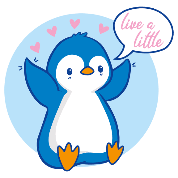 Live a Little Quotation with Happy Blue Penguin Vinyl Wall Decal - Cute Cartoon Art Design of Chill Polar Animal with Wonderful Saying Wall Decoration - 20" x 20"
