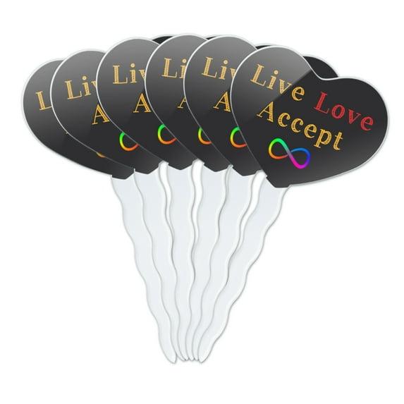Live Love Accept Autism Awareness Infinity Rainbow Heart Love Cupcake Picks Toppers Decoration Set of 6
