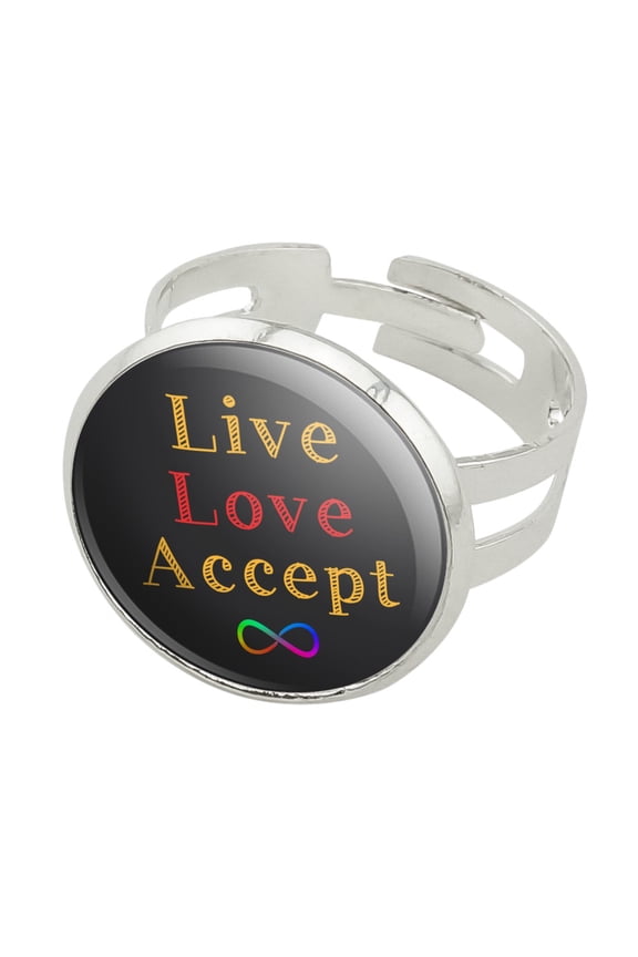 Live Love Accept Autism Awareness Infinity Rainbow Silver Plated Adjustable Novelty Ring