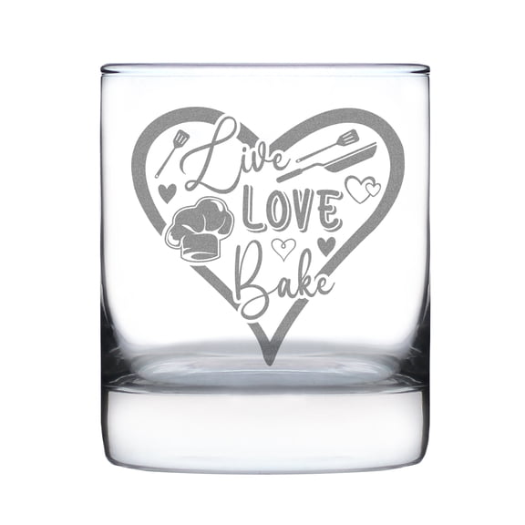 Live Love Bake Engraved Glass, Hand Etched Rocks 10oz Whisky Custom Barware, Baking Gift, Chef Kitchen Decor