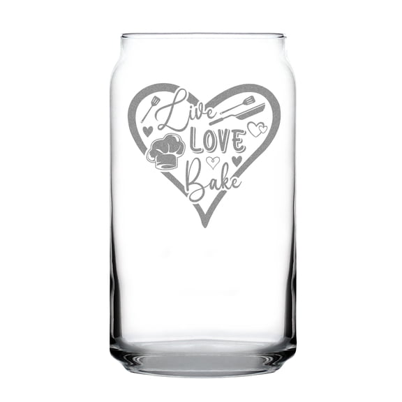 Live Love Bake Hand Engraved 16oz Can-Shaped Pint Glass, Etched Baking Lover Gift, Kitchen Decor, Unique Gift for Bakers