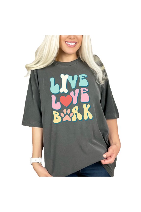 Live, Love, Bark feat. a Bone, Heart & Dog Paw Art Merch, Pepper Comfort Colors T-Shirt, XL