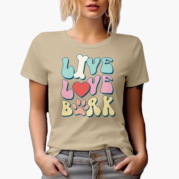 Live, Love, Bark with Bone, Heart & Dog Paw Art Merch Gift, Tan T-Shirt, Large