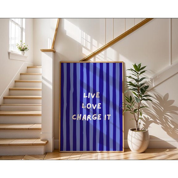 Live Love Charge It Print Blue Striped Typography Shopping Quote Art Modern Maximalist Decor Blue Aesthetic Wall Art