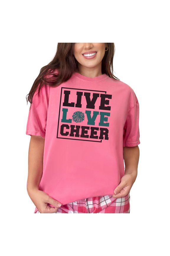 Live Love Cheer Inspirational Quote, Cheerleader, Crunchberry Comfort Colors T-Shirt, Large