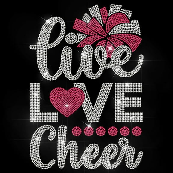 Live Love Cheer Rhinestone Iron on Decal Cheerleader Ball Hotfix Transfer Sticker Lucky Word Heat Transfer Patch Bling Clothing Repair Applique for T-Shirt Hat Jacket Garment Bag DIY Decor