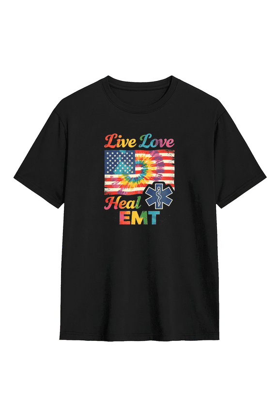 Live Love Heal EMT American Flag Tie Dye Cool Graphic Tee for Men and Women, Nurse Fun Cotton Short Sleeves T-Shirt