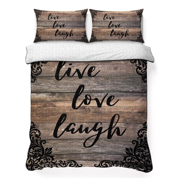 Live Love Laugh 3 Piece Quilt Bedding Set with 2 Pillow Shams, Vintage Floral Texture Brown Black Wood Grain Lightweight Bedspread Coverlet, Soft Breathable All Season Quilt, 68 x 86 Inch