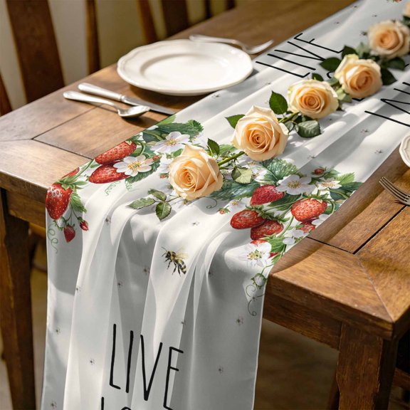 Live Love Laugh 4.5 ft Cheesecloth Table Runner for Wedding 19"x55", Summer Strawberry Flower Bee Kitchen Dinner Sheer Tulle Chiffon Dresser Scarf, Holiday Party Decorations