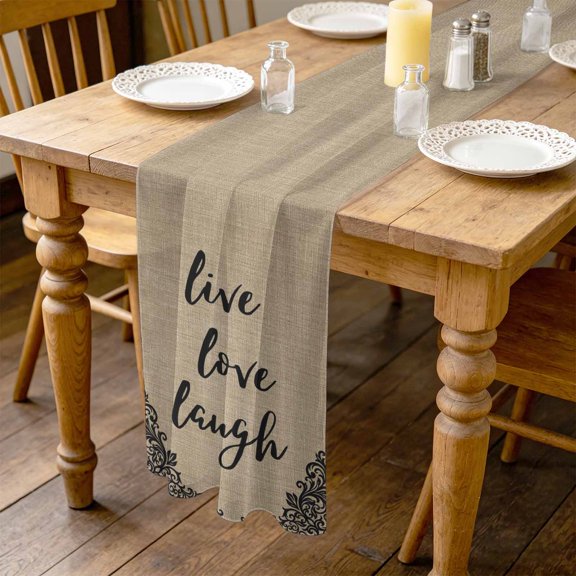 Live Love Laugh 4.5ft Cheesecloth Table Runner for Wedding 19"x55", Retro Black Floral Texture Brown Linen Texture Kitchen Dinner Sheer Tulle Chiffon Dresser Scarf, Holiday Party Decorations