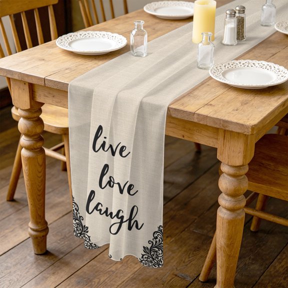 Live Love Laugh 4.5ft Cheesecloth Table Runner for Wedding 19"x55", Retro Black Floral Texture Linen Texture Kitchen Dinner Sheer Tulle Chiffon Dresser Scarf, Holiday Party Decorations
