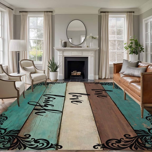 Live Love Laugh 5x7 Rug for Living Room Sofa and Coffee Table Layout, Vintage Floral Texture Brown Teal Wood Grain Washable Non Slip Rectangle Area Rug