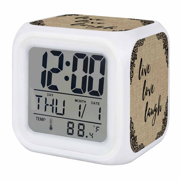 Live Love Laugh Alarm Clock, Retro Black Floral Texture Brown Linen Texture Digital Clock Night Light with 7 Color, Calendar Temperature Display, LED Desk Small Clock for Bedrooms Bedside Living Room