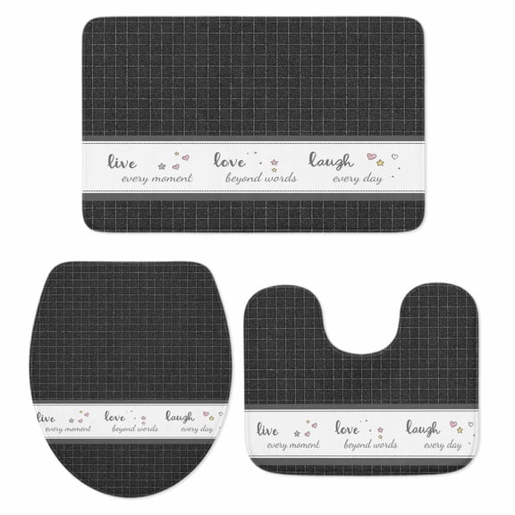 Live Love Laugh Bathroom Rugs Set Black Plaid Text Love Heart Star Cute Non Slip Absorbent Soft Bath Mats 3 Piece Set with Bathroom Rug, U-Shaped Floor Mat, Toilet Seat Cover Small Size