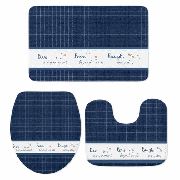 Live Love Laugh Bathroom Rugs Set Blue Plaid Text Love Heart Star Cute Non Slip Absorbent Soft Bath Mats 3 Piece Set with Bathroom Rug, U-Shaped Floor Mat, Toilet Seat Cover Small Size