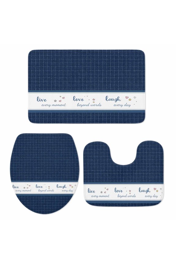 Live Love Laugh Bathroom Rugs Set Blue Plaid Text Love Heart Star Cute Non Slip Absorbent Soft Bath Mats 3 Piece Set with Bathroom Rug, U-Shaped Floor Mat, Toilet Seat Cover Small Size
