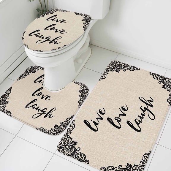 Live Love Laugh Bathroom Rugs Set Retro Black Floral Texture Linen Texture Non Slip Absorbent Soft Bath Mats 3 Piece Set with Bathroom Rug, U-Shaped Floor Mat, Toilet Seat Cover Small Size