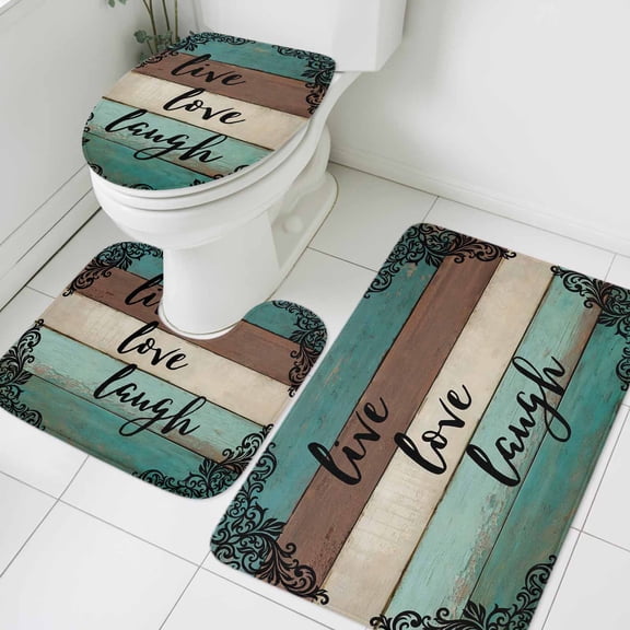 Live Love Laugh Bathroom Rugs Set Vintage Floral Texture Brown Teal Wood Grain Non Slip Absorbent Soft Bath Mats 3 Piece Set with Bathroom Rug, U-Shaped Floor Mat, Toilet Seat Cover Small Size