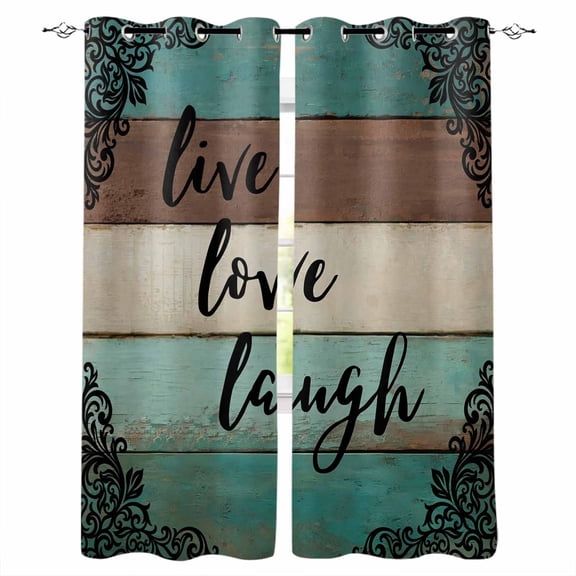 Live Love Laugh Blackout Curtains 63 Inch Length Vintage Floral Texture Brown Teal Wood Grain Thermal Insulated Window Curtain Window Drapes 2 Panels for Bedroom Living Room 42"Wx63"L