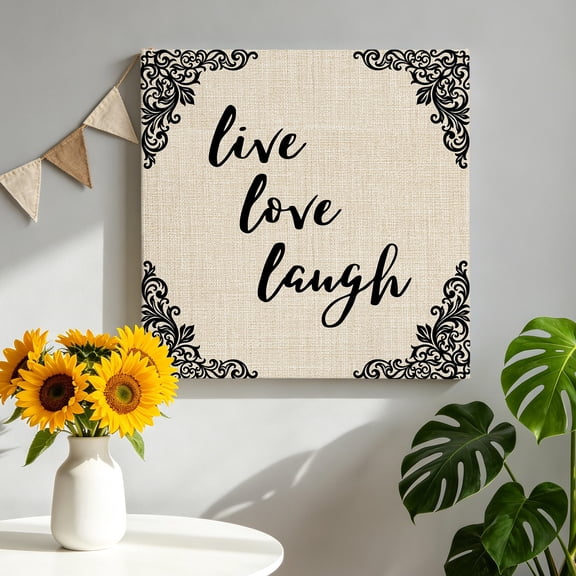 Live Love Laugh Canvas Wall Art Framed Wall Decor for Living Room Bedroom Bathroom, Retro Black Floral Texture Linen Texture Canvas Pictures Ready to Hang Decor, 8"x8"