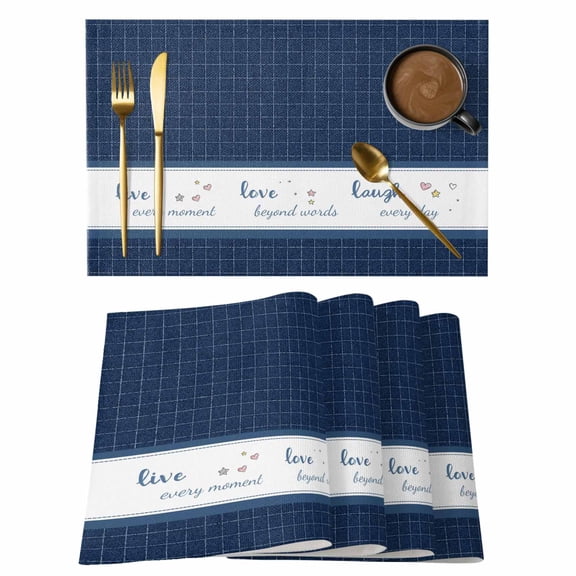 Live Love Laugh Cotton Linen Placemats Set of 1, Blue Plaid Text Love Heart Star Cute Washable Table Place Mats Heat Insulating Placemat for Dining Room Kitchen Daily Use 13 x 19 Inch